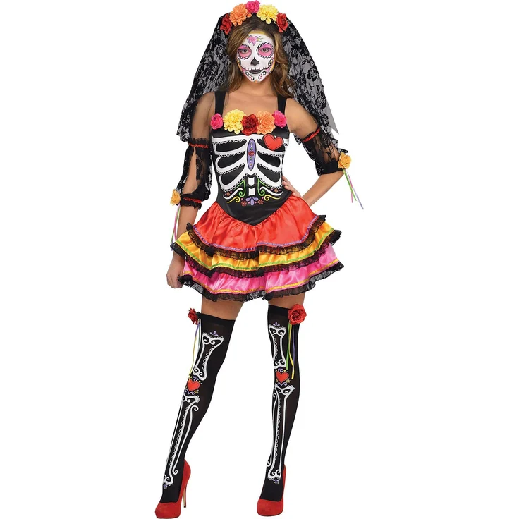 Amscam 844642-55 - Erwachsenenkostüm Tag der Toten Senorita, Kleid, Haarband mit Schleier, Halsband, Ärmel und Overknees, Halloween, Mottoparty, Karneval