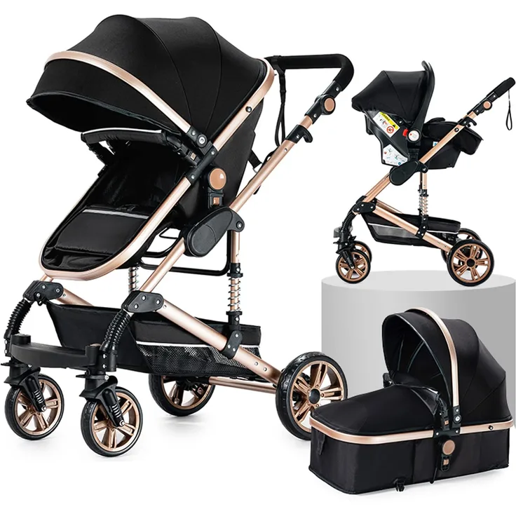 3 in 1 Kombikinderwagen Kinderwagen 3-in-1 Dreirad Lauflernhilfe Hochlandschaft Kinderwagen Faltbarer Kinderwagen Babywagen Babywagen für Baby 0-36 Monate (Black Gold)