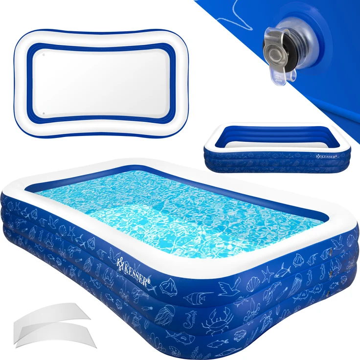 KESSER® Aufblasbarer Pool Familienpool für Kinder und Erwachsene Gartenschwimmbad Familienschwimmbad Sommer Planschbecken Füllmenge Kinderfreundlich Entwässerungslöcher Blau, 2. 4 Meter