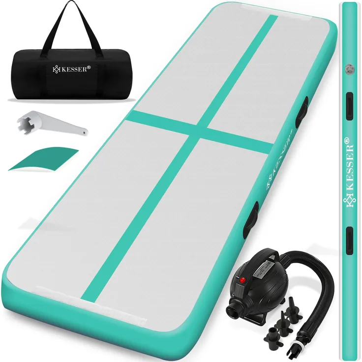 KESSER® Turnmatte Aufblasbar Airtrack Fitness-Matte Gymnastikmatte 3/4/5/6m | inkl. Tragetasche & elektr. Luftpumpe | Yogamatte, Tumbling Matten , Trainingsmatte Sportmatte Yoga, Turn- & Fitness 400 x 100 x 10 cm, Mint Grün