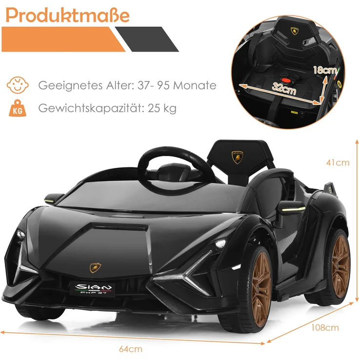 COSTWAY Lamborghini 12V Kinderauto mit 2,4G-Fernbedienung, Elektroauto 3-5km/h mit MP3, Radio, Musik und LED-Scheinwerfer, Kinderfahrzeug f¨¹r Kinder von 3-8 Jahren Schwarz – Bild 5