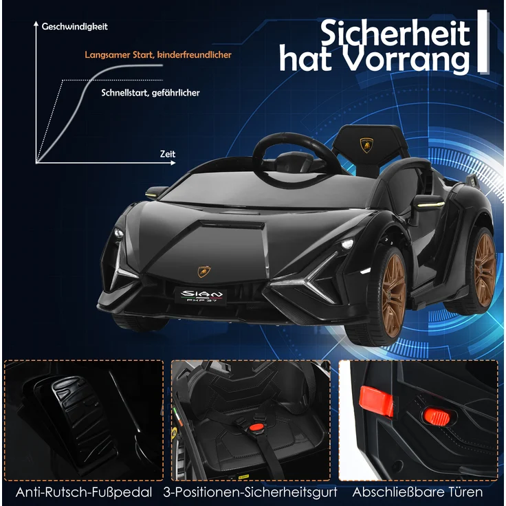 COSTWAY Lamborghini 12V Kinderauto mit 2,4G-Fernbedienung, Elektroauto 3-5km/h mit MP3, Radio, Musik und LED-Scheinwerfer, Kinderfahrzeug f¨¹r Kinder von 3-8 Jahren Schwarz – Bild 3