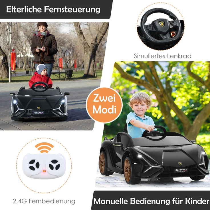 COSTWAY Lamborghini 12V Kinderauto mit 2,4G-Fernbedienung, Elektroauto 3-5km/h mit MP3, Radio, Musik und LED-Scheinwerfer, Kinderfahrzeug f¨¹r Kinder von 3-8 Jahren Schwarz – Bild 2