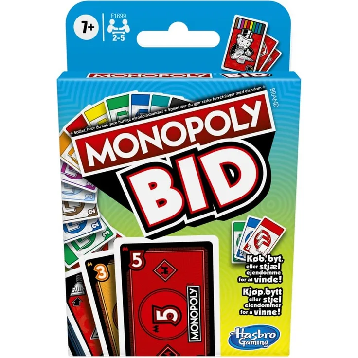 Monopoly Das Spiel Bid, Schnelles Kartenspiel für Familien und Kinder ab 7 Jahren (Dänisch/Norwegisch)