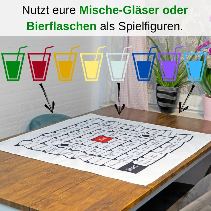 Polnisches Partyspiel, Deutsche Version, auf 70 x 70 cm Tischdecke, 54 Spielfelder mit Aufgaben, Partyspiel, Partyspiel für Geburtstag, Festival