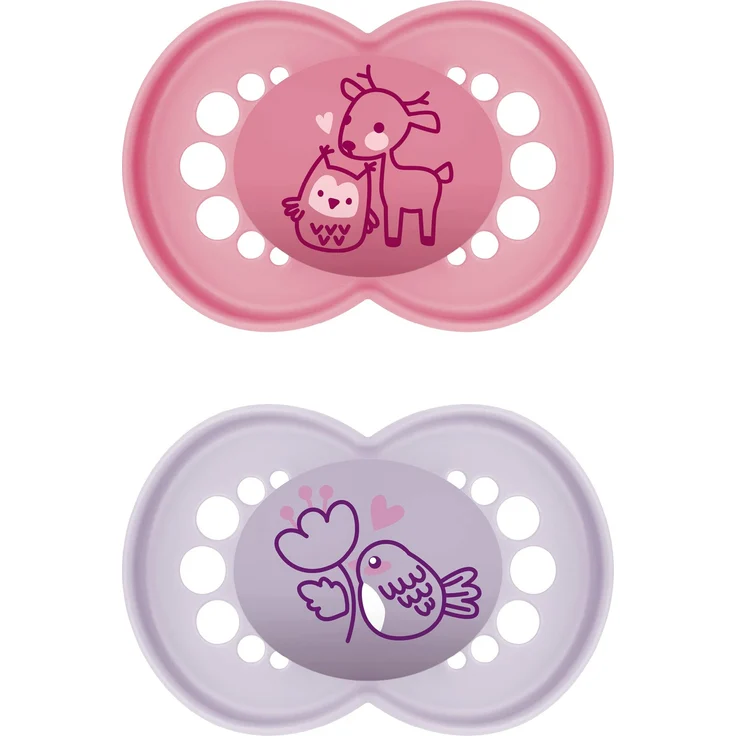 MAM Original Pure Schnuller im 2er-Set, zahnfreundlicher Baby Schnuller aus nachhaltigem & bio-erneuerbarem Material, Sauger aus MAM SkinSoft Silikon, mit Schnullerbox, 16+ Monate, Reh/Vogel – Bild 1
