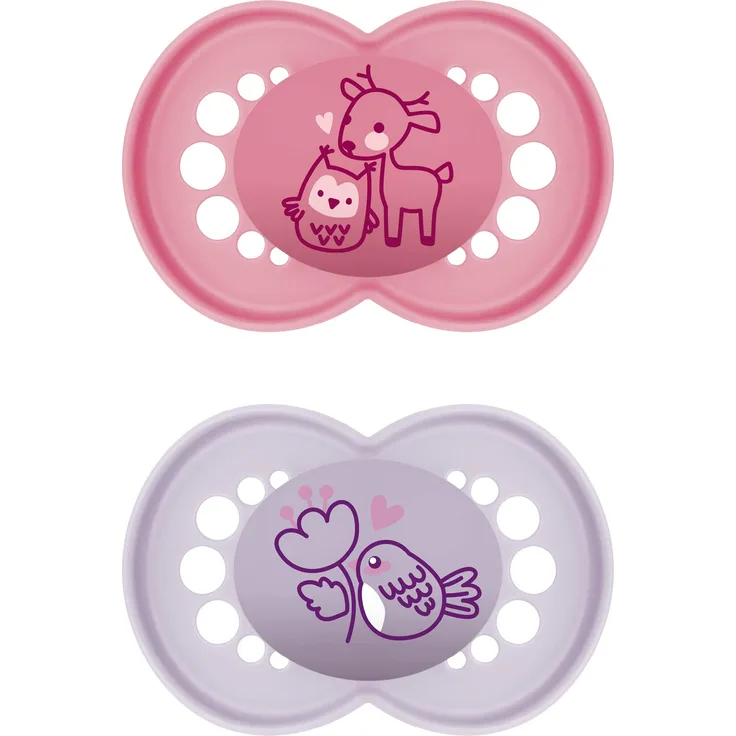 MAM Original Pure Schnuller im 2er-Set, zahnfreundlicher Baby Schnuller aus nachhaltigem & bio-erneuerbarem Material, Sauger aus MAM SkinSoft Silikon, mit Schnullerbox, 16+ Monate, Reh/Vogel