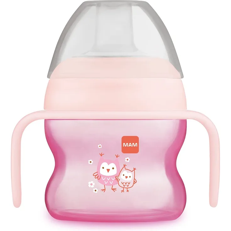 MAM Starter Cup Baby Trinklernbecher (150 ml), Trinkbecher für erste Trinkversuche, Schnabelbecher mit rutschsicheren Griffen, ab 4 Monaten, Eule