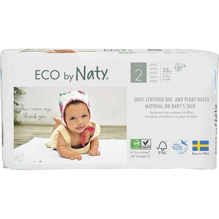 Eco by Naty, Größe 2, 132 Windeln, 3-6 kg, MONATSVORRAT, pflanzliche Premium-BioWindeln mit 0% Plastik auf der Haut