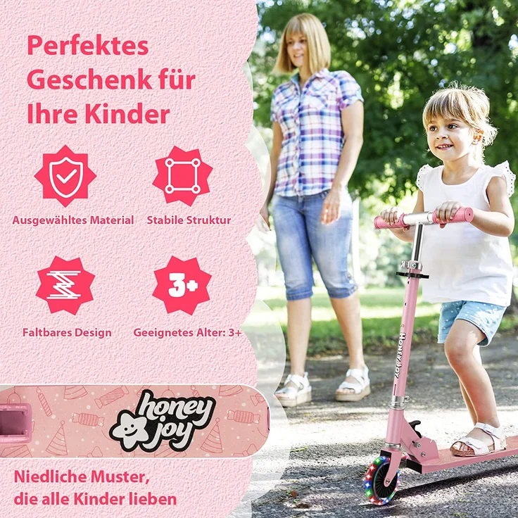 COSTWAY Scooter Kinder Roller, Tretroller mit LED-Räder, Klappbar Lenker, Höhenverstellbar Kinderroller Cityroller Kickscooter für Jungen und Mädchen ab 3 Jahren – Bild 2