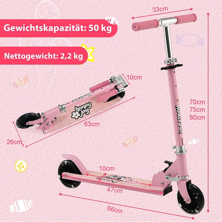 COSTWAY Scooter Kinder Roller, Tretroller mit LED-Räder, Klappbar Lenker, Höhenverstellbar Kinderroller Cityroller Kickscooter für Jungen und Mädchen ab 3 Jahren – Bild 4