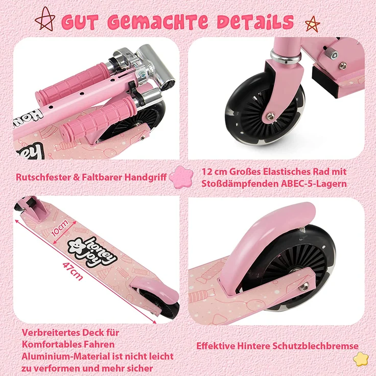 COSTWAY Scooter Kinder Roller, Tretroller mit LED-Räder, Klappbar Lenker, Höhenverstellbar Kinderroller Cityroller Kickscooter für Jungen und Mädchen ab 3 Jahren – Bild 5