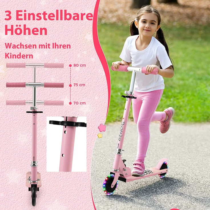COSTWAY Scooter Kinder Roller, Tretroller mit LED-Räder, Klappbar Lenker, Höhenverstellbar Kinderroller Cityroller Kickscooter für Jungen und Mädchen ab 3 Jahren – Bild 3