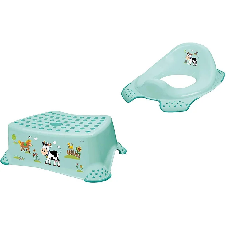 2er Set: Funny Farm aquamarin Kinder-Toilettensitz + Tritthocker Toilettentrainer mit Anti-Rutsch-Funktion – Bild 1