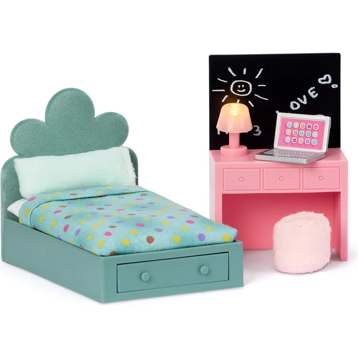 Lundby Puppenhaus Kinderzimmer Zubehör - Puppenmöbel Kinderzimmer - Puppenhaus Bett, Schreibtisch, Lampe & Laptop - Puppenhaus Möbel Set - Miniatur Puppenhaus Zubehör - 11cm Puppen 1:18