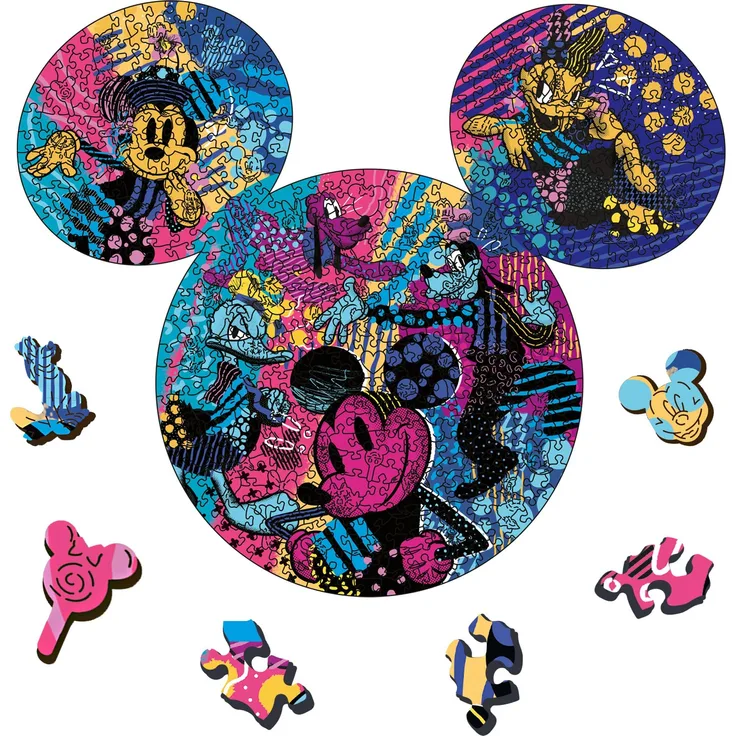 Trefl - Konturpuzzle aus Holz: Cult Mickey Mouse, Mickey Mouse - 500+5 Teile, Holzbearbeitung, unregelmäßige Formen, 70 Figuren, modernes Premium Puzzle, für Erwachsene und Kinder ab 12 Jahren