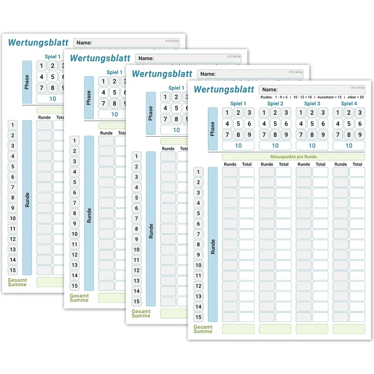 Wertungsblatt Block DIN A5, gut lesbar und übersichtlich gestaltet, moderner Ersatzblock mit Phasen, großer Spielblock für Würfel und Kartenspiele, für Senioren und Kinder geeignet, Familienspiel (4x)