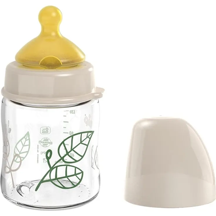 nip Cherry Green Weithalsflasche Glas 120 ml, nachhaltig, kirschförmiger Sauger Natur-Latex, Anti-Colic, von Geburt an, auch für die Stillzeit, Farbe braun