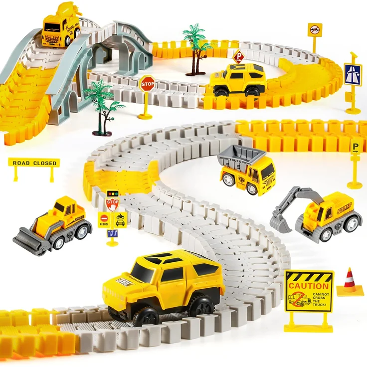kizplays 260pcs Autorennbahn Rennbahn 6 Cars Bagger Spielzeug ab Spielzeugautos Autobahn ab 3 4 5 6 Jahre Junge Mädchen,Flexible Track Kran Spiele , Elektroauto Cars Autorennbahn für Kinder Geschenk