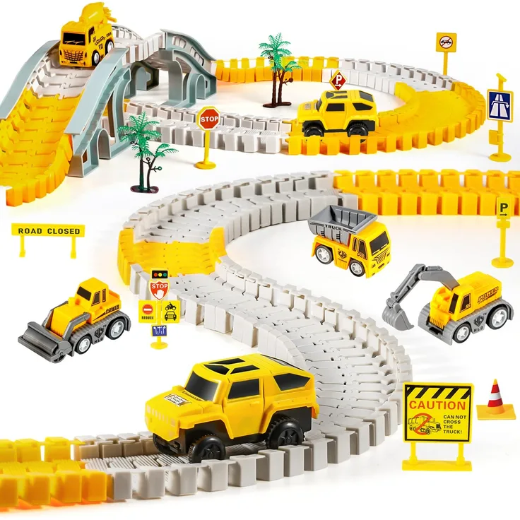 kizplays 260pcs Autorennbahn Rennbahn 6 Cars Bagger Spielzeug ab Spielzeugautos Autobahn ab 3 4 5 6 Jahre Junge Mädchen,Flexible Track Kran Spiele , Elektroauto Cars Autorennbahn für Kinder Geschenk