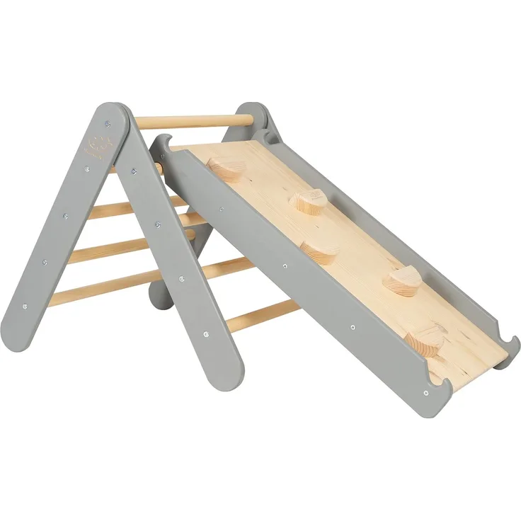 MEOWBABY Klettergerüst für Kinder - Indoor Kletterdreieck mit Rutsche, Montessori Spielgeräte Pikler aus Holz, Grau
