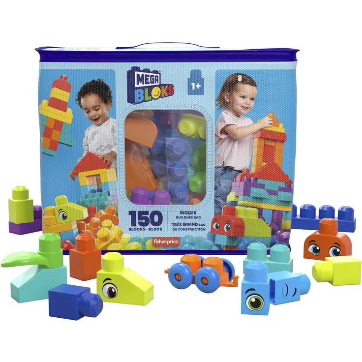 MEGA HHM96 - MEGA BLOKS Bausteinebeutel Deluxe, 150 große und farbenfrohe Bausteine mit einer Aufbewahrungstasche, Konstruktionsspielzeug, Spielzeug-Geschenkset für Kinder ab 1 Jahr
