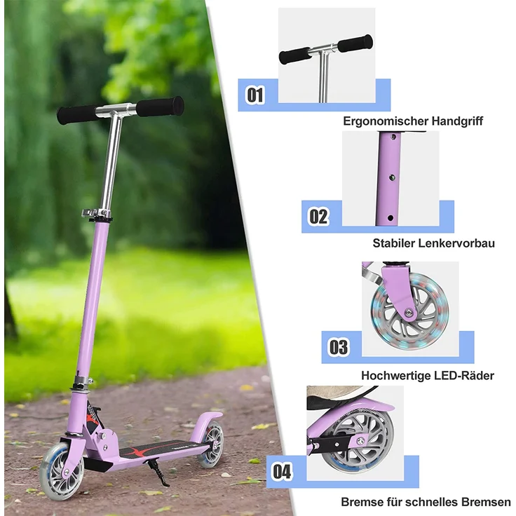 COSTWAY Scooter höhenverstellbar, Kinder Roller klappbar, Kickroller mit 2 blinkenden Räder, Tretroller, Kinderroller, Cityroller für Kinder ab 4 Jahre – Bild 5