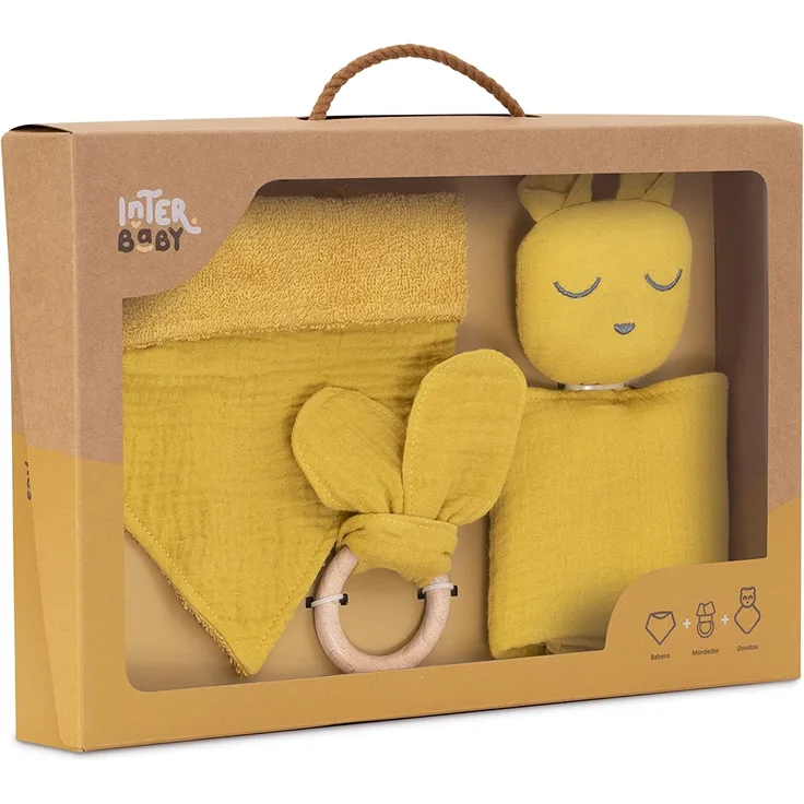 Set: Doudou Bär, Lätzchen und Beißring, grau