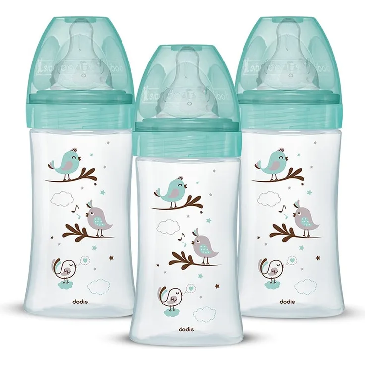 Dodie 3 Anti-Colic Babyflaschen für Einsteiger + aus Glas, 270 ml, 0 – 6 Monate, runder Sauger, Durchfluss 2