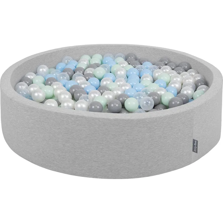 KiddyMoon Bällebad 120X30cm/1000 Bälle Rund Groß Bällepool Mit Bunten Bällen Für Babys Kinder, Hellgrau:Perle-Grau-Transparent-Babyblau-Mint