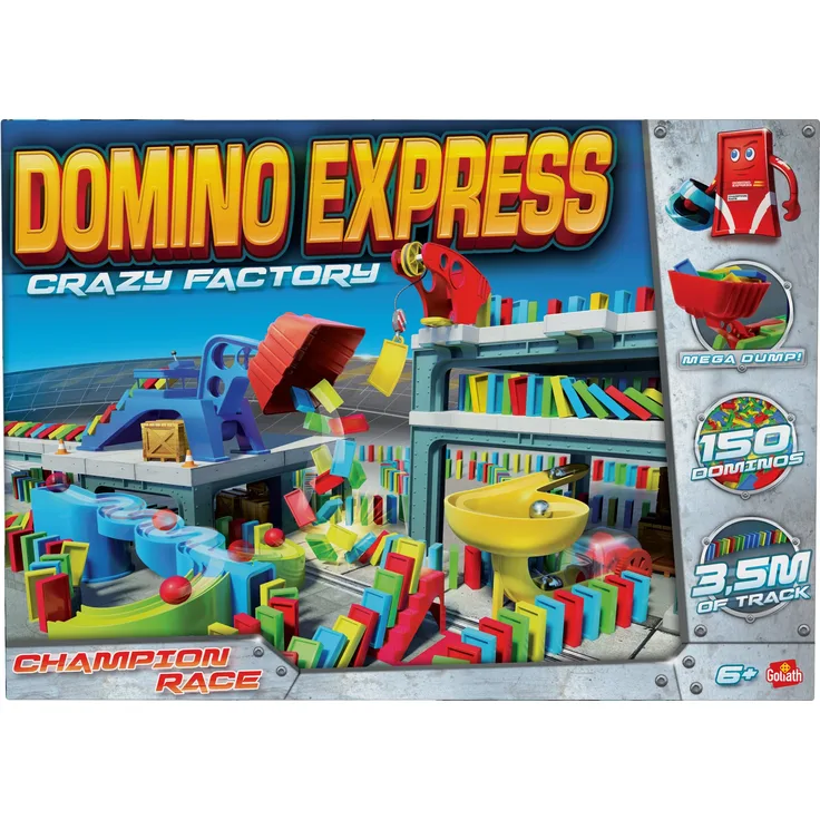 Goliath - Domino Express – Crazy Factory – Bauspiel – Domino-Fabrik – 3,5 m Lange Strecke – zum Spielen allein, mit Familie oder Freunden – ab 6 Jahren
