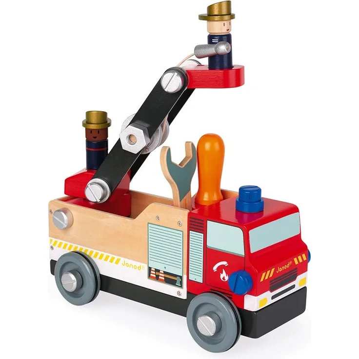 Janod - Brico'Kids Feuerwehrauto aus Holz zum Zusammenbauen - Bausatz mit 45 Teilen + 2 Feuerwehrmänner - Einfache Konstruktion - FSC-Zertifiziert - Kinder Holzspielzeug - Ab 3 Jahren, J06469