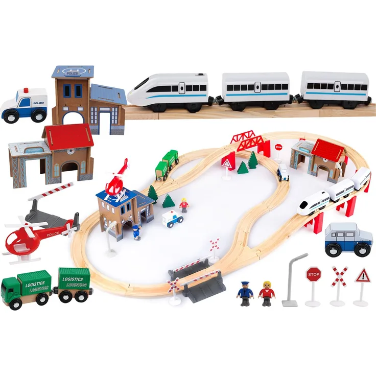 Kinderplay Holzeisenbahn Set für Kinder - Eisenbahn Kinder Elektrisch, Spielzeug Zug, Polizeistation, Autobahn und Bahnset mit Brücke, 80 Teilen, 378 cm lang, Modell (GS0010)