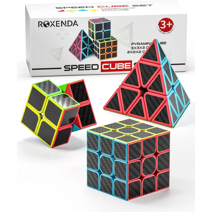 ROXENDA Zauberwürfel Set, Speed Cube Set mit 2x2 3x3 Pyramide Zauberwürfel, Einfaches Drehen und Glatt Spielen, Kohlefaser Version – Bild 1