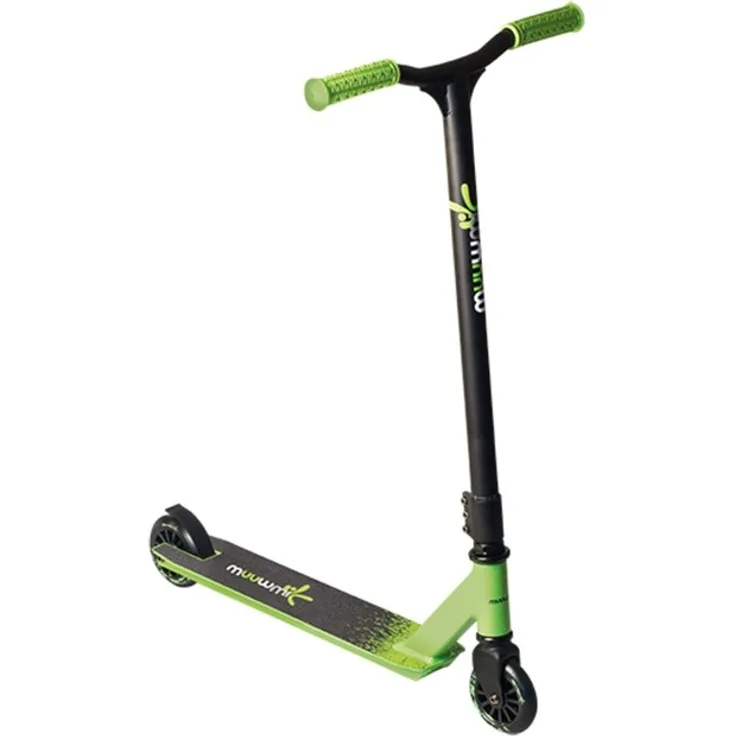 Muuwmi 399 'Stuntscooter 100 mm' Scooter, ab 6 Jahren, Lenkerhöhe 83 cm, 360° Lenkung, Griffe mit extra Grip Triple-Clamp, max. belastbar bis 100 kg, schwarz/grün