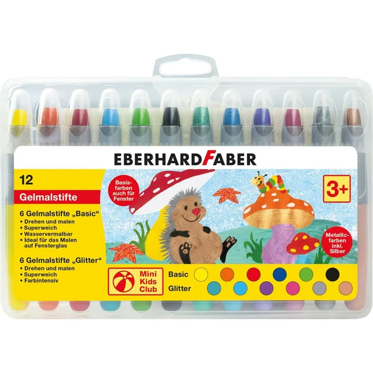 Eberhard Faber 529112 - Gelmalstifte Basic und Metallic in 12 leuchtenden Farben, mit weicher Mine und Schiebehülse, bruchsicher, im Kunststoffetui, für unbeschwerten Malspaß