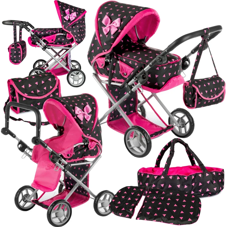 Kinderplay Puppenwagen ab 1 2 3 Jahre Kinderwagen Spielzeug - Kombi, 3 in 1, Puppenwagen mit Herausnehmbarer Tragetasche und Umhängetasche, Höhenverstellbar bis 62 cm, KP0200R – Bild 1