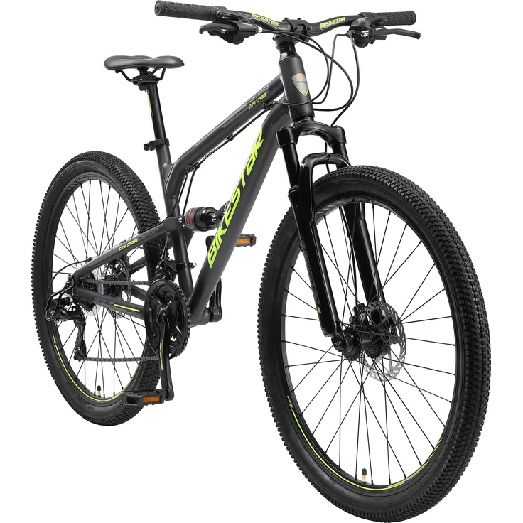 BIKESTAR Vollgefedert Aluminium Mountainbike 26 Zoll, 21 Gang Shimano Schaltung mit Scheibenbremse | 16 Zoll Rahmen Fully MTB Erwachsenen- und Jugendfahrrad | Schwarz