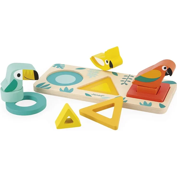 Janod - Meine ersten Formen Tropik - Entwicklungsspielzeug aus Holz - Lernspiel Formen und Farben - 9 Formen zum Einfügen - FSC-zertifiziert - Wasserfarbe - Ab 1 Jahr, J08266