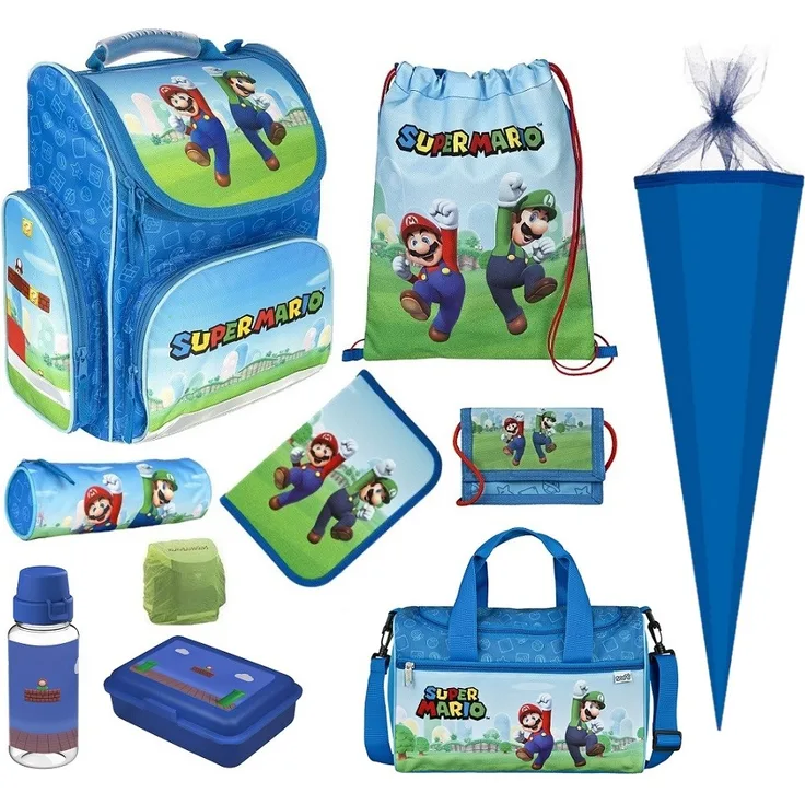 SUPER MARIO Schulranzen 10-teiliges Set Ranzen 1. Klasse mit Sporttasche und Schultüte 85cm