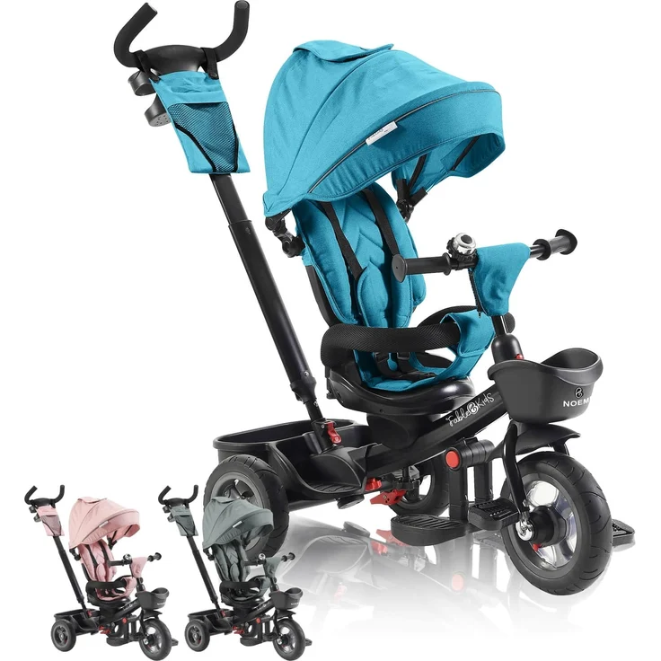 FableKids 5in1 Dreirad Noemi mit Schubstange ab 18 Monate bis 25kg, Vorwärts und Rückwärtsfahrt, PU-Reifen, Freilauf geräumiger, Korb, Tasche, Getränkehalter - Türkis – Bild 1
