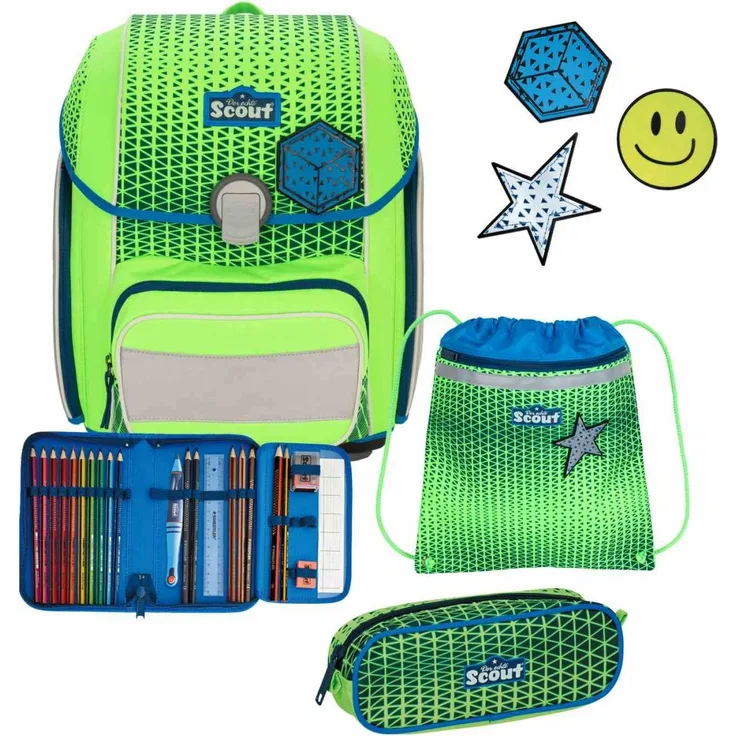 Scout Genius DIN Neon Safety Green Gecko Schulranzen-Set 4-teilig