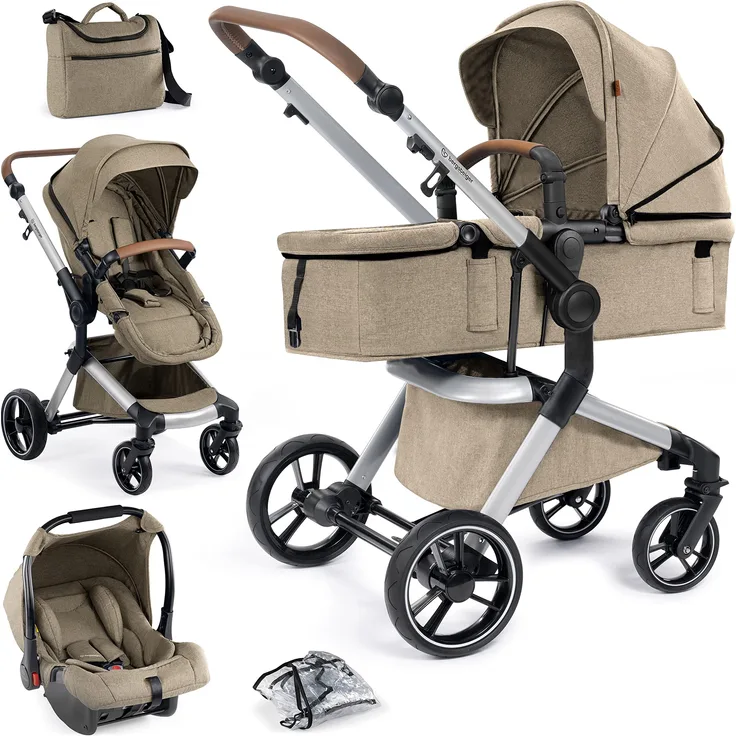 Bergsteiger Kinderwagen Lugo 3in1 | Kombikinderwagen Komplettset inkl. Zubehör - Babyschale, Buggy-Aufsatz, Sonnenschutz & Wetterfußsack | Isofix Station erhältlich