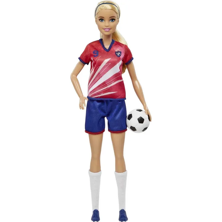 Barbie HCN17 - Fußball-Spielerin Puppe (blonde Haare) im roten Trikot mit blauen Shorts, Stollen-Schuhen und weißen Stutzen, inklusive Fußball, Spielzeug für Kinder ab 3 Jahren