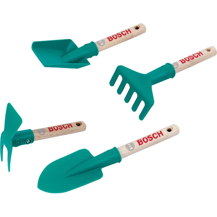 Theo Klein 2711 Bosch Garten Handgeräte Set I 4 Kinder-Gartenwerkzeuge I Spaten, Rechen, Schaufel und Hacke I Spielzeug für Kinder ab 3 Jahren