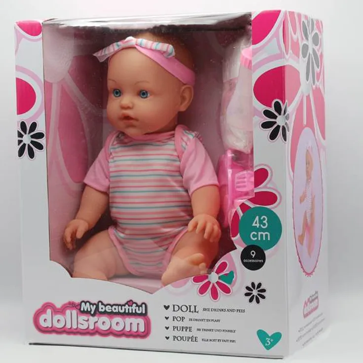 Dolls Room Puppe Trink- und Pinkelbaby 43cm + Zubehör 9 tlg weiß, pink Hochstuhl Puppe 22x27x63 cm