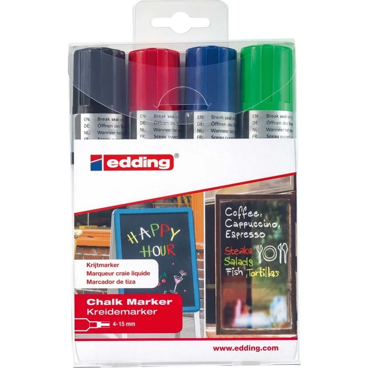 "edding Kreidemarker 4090 4er Set - Standardfarben 4-15 mm Kreidestift für Tafeln, Fenster, Glas & Spiegel"