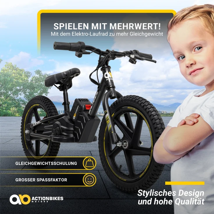 Elektro-Laufrad 16 Zoll Kinder Balance Bike elektrisch E-Bike Elektrofahrrad (Gelb) – Bild 4