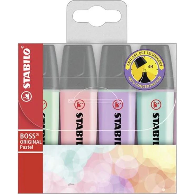 Textmarker - STABILO BOSS ORIGINAL Pastel - 4er Pack - Hauch von Minzgrün, rosiges Rouge, Schimmer von Lila, zartes Türkis