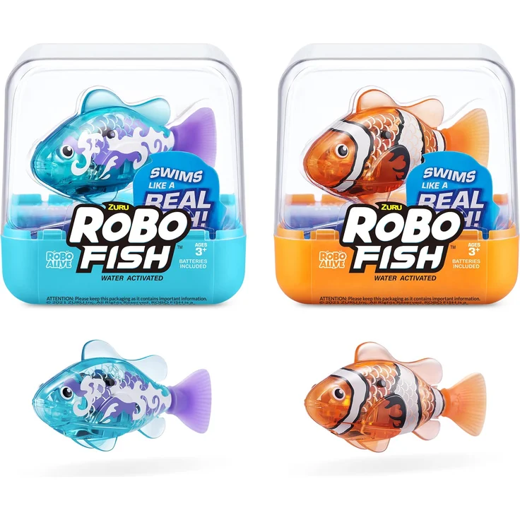 ROBO ALIVE Robo Fish Serie 3 Roboter-Fisch, 2er-Pack, orange und blaugrün, schwimmt in mehrere Richtungen, batteriebetrieben, Spielzeugfisch, Poolspielzeug (2er-Pack, orange und blaugrün)